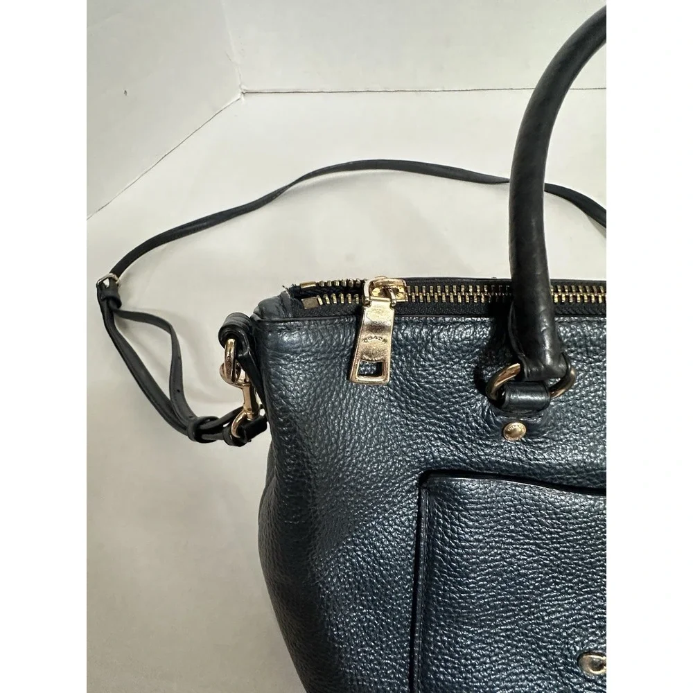 Coach Emma Satchel Pebbled Leather Gold Accents Navy Metallic